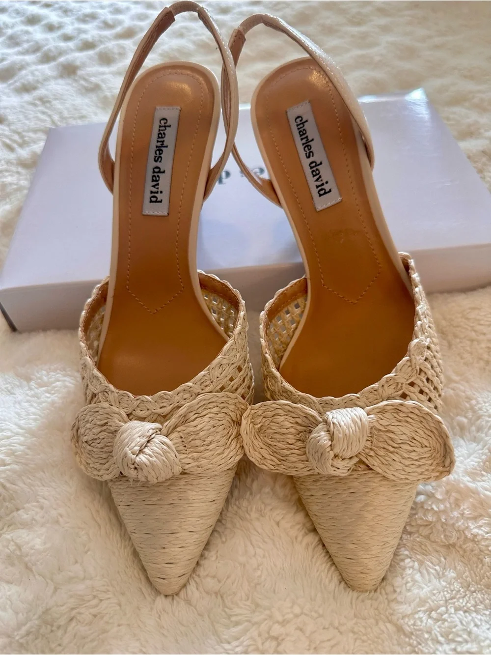 Charles David Natural Raffia Bow Slingback Pumps